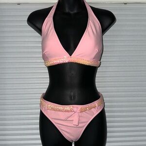 POOL PARTY Pink Halter Bikini Sequin Accents & belt Women’s Size Large L
